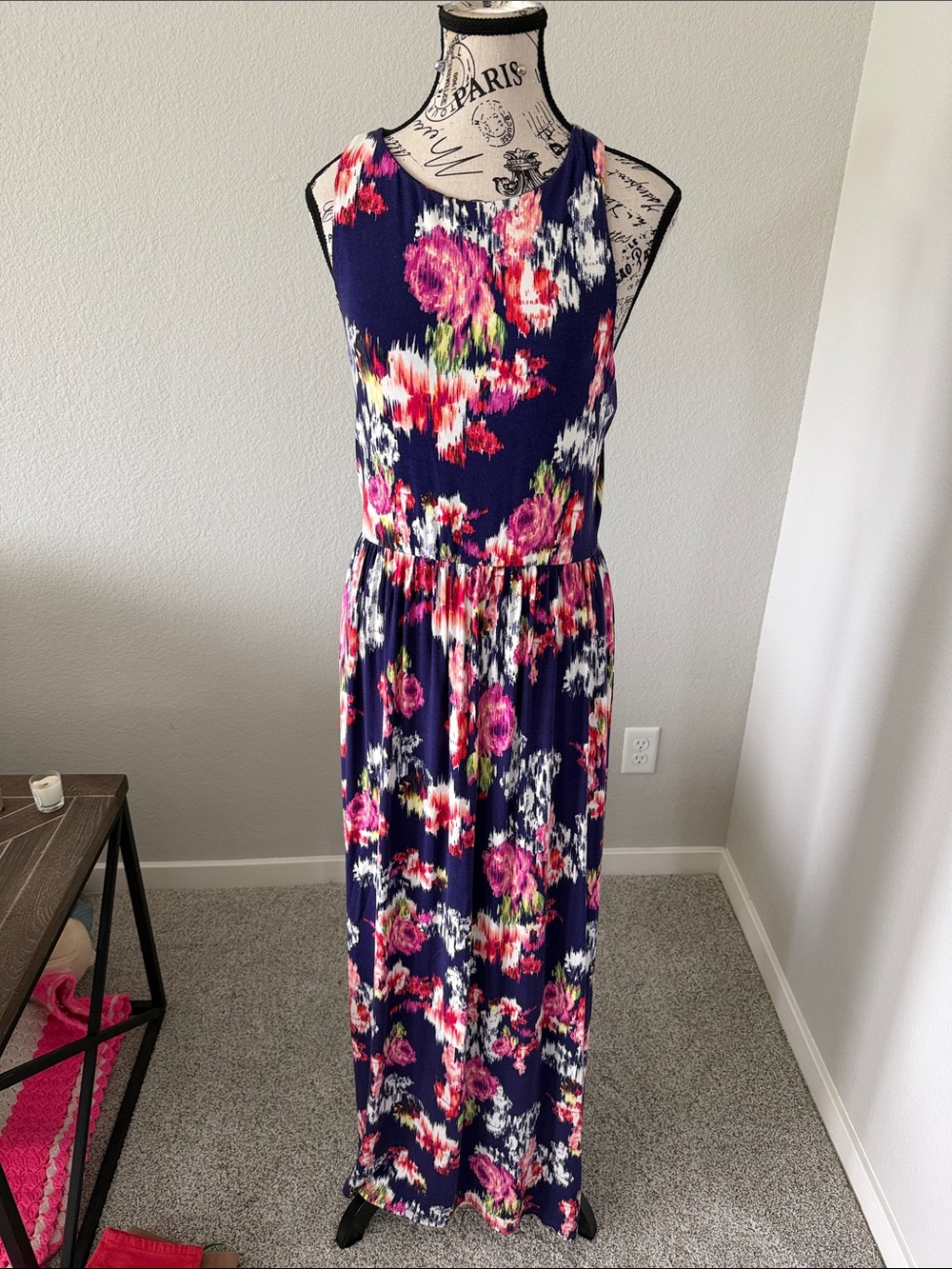 Loveappella Navy Maxi Dress with Pink Floral Pattern